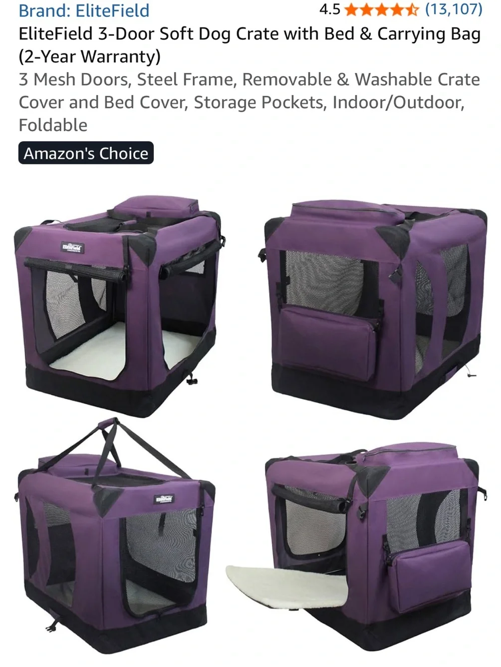 NEW Elitefield 3-door Soft Dog Crate with Bed & Carrying Bag- 42”L x 28”W x 32”H
